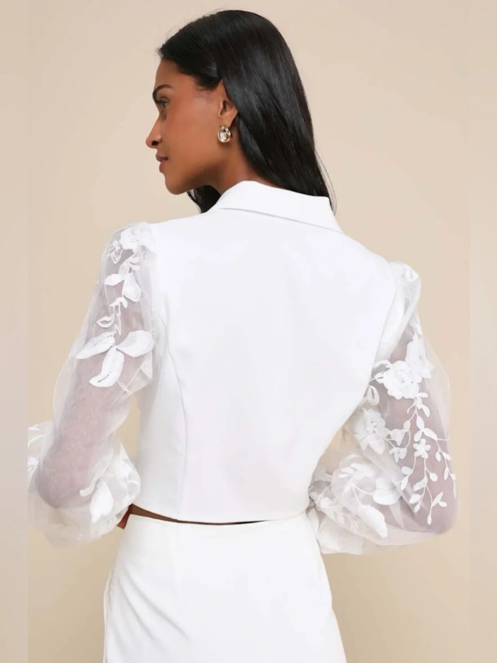 Lulus Exquisitely Stylish White Cropped Sheer Balloon Sleeve Blazer - Picture 3 of 9
